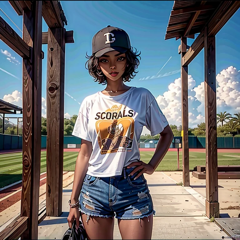 1 girl, Alone, brown skin, mujer de brown skin Parte superior del cuerpo, baseball cap, T-shirt, tomboy