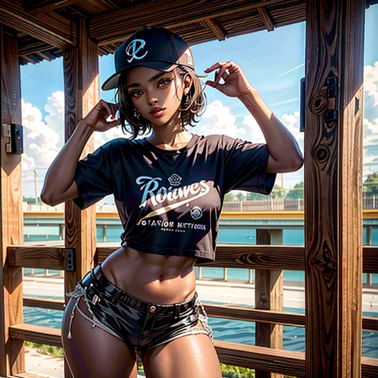 1 girl, Alone, brown skin, mujer de brown skin Parte superior del cuerpo, baseball cap, T-shirt, tomboy