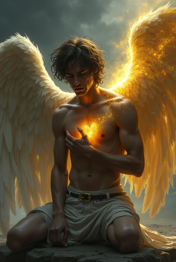 Tired Male Angel soldier crying shining golden tears sobbing hardwith a hand on his broken heart that shows throw his body, he has one wing on the left that shines bright gold but the wing on the left is torn and broken and the light is dim, he is sad and on his knees in a storm 