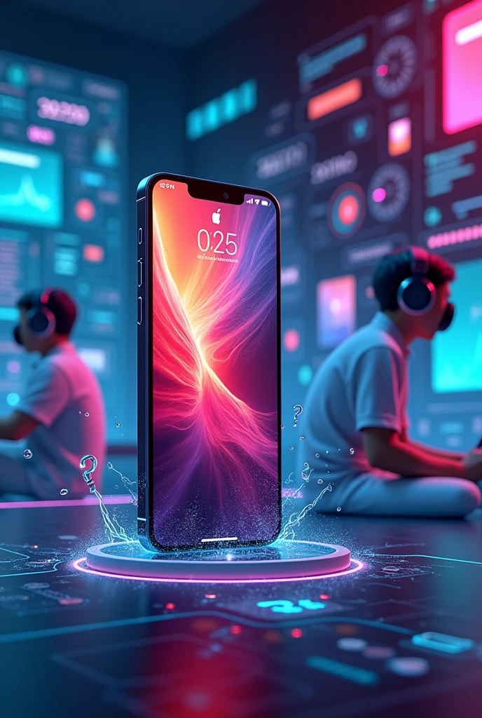 “Create an image featuring an iPhone SE 2020 with colorful wallpaper on its screen surrounded by questions regarding its battery life, price, and game graphics capabilities. Include references to future years for predicted relevance and add images of a person wearing gaming headphones to suggest gaming performance evaluation.”