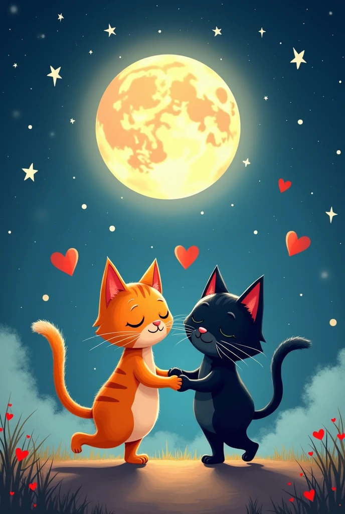I want a picture, of two drawn cats, one orange and the other black, that they are walking holding more hands, very much in love, at night with a beautiful moon and hearts coming out of the cats, the orange one is called Llely and the megro one is called Josué