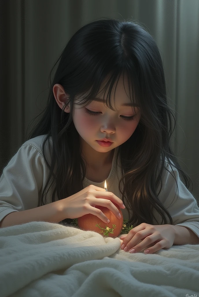 A girl of about saying goodbye to her deceased grandfather. drawing
