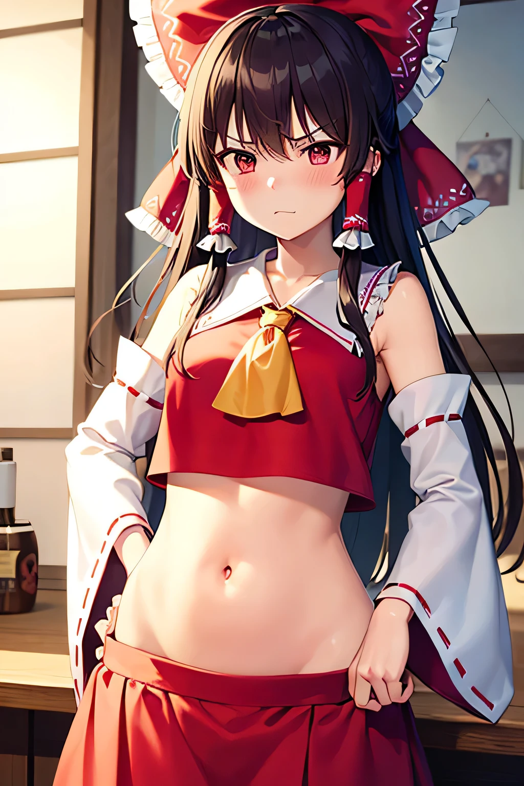 super fine illustration, vibrant colors, masterpiece, sharp focus, best quality, depth of field, cinematic lighting, ultra detailed, blush, belly button, navel, tummy, shrine maiden, hakurei reimu, 1girl, hair bow, ascot, hair tubes, detached sleeves, red shirt, red skirt, extremely long hair, dark brown hair, indoors, mature woman, ,hakurei reimu, 1girl, hair bow, ascot, hair tubes, miko, detached sleeves, Reimu Hakurei, angry, looking down, hand on own stomach, food on table, ramen