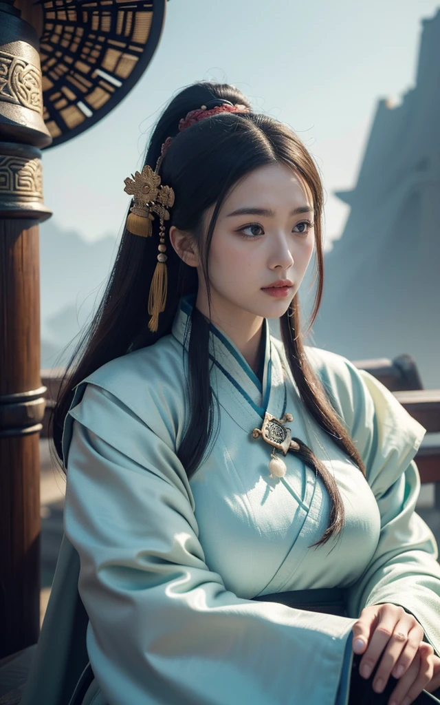 Game Art，Best picture quality，Maximum resolution，8K，(A bust photo)，(portrait)，(Head close-up)，(Rule of Thirds)，Unreal Engine 5 rendering works， (Future Girl)，(Female Warrior)， 
20 year old girl，(Ancient Chinese general)，Eyes full of details，(Large Breasts)，Elegance and nobility，indifferent，brave，
(Wearing ancient Chinese clothing，Chinese Hanfu，Tang dynasty costumes，The costumes are rich in detail，Simple tones)，Chinese characters，Fantasy style，
Photo poses，Wild background，Ancient building background，Movie Lighting，Ray Tracing，Game CG，((3D Unreal Engine))，OC rendering reflection mode