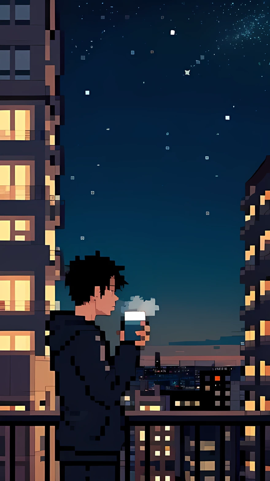 Night city scenery, a man wearing hoodie holding a cup of hot coffee watching stars and clouds leaning at apartment balcony, city lights buildings,