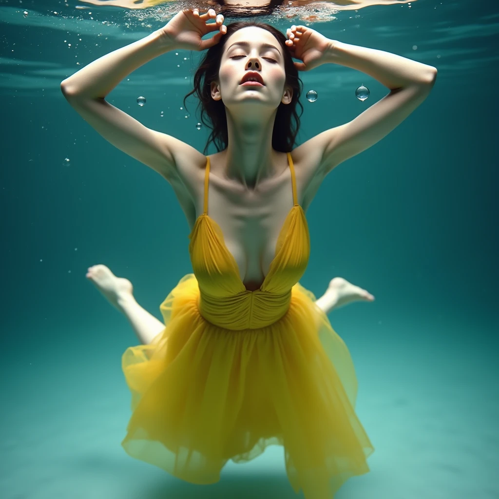 A perfect photo of a woman wearing a yellow dress, viewed from below, submerging herself in the water with her arms gracefully extended, her eyes closed, her lips closed, and her legs stretched out below her. Perfect face, perfect hands, ultra-realistic, perfection style, epic, realistic, cinemascope