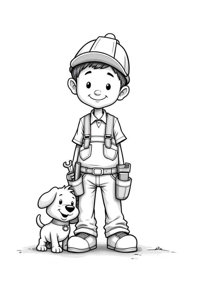 best quality, highres, masterpiece:1.2, ultra-detailed, cartoon :1.37. , white background, monochromatic, line drawing, sketch., ensuring the lines are clear and well-defined for easy coloring. wearing a tool belt ready to work with puppy