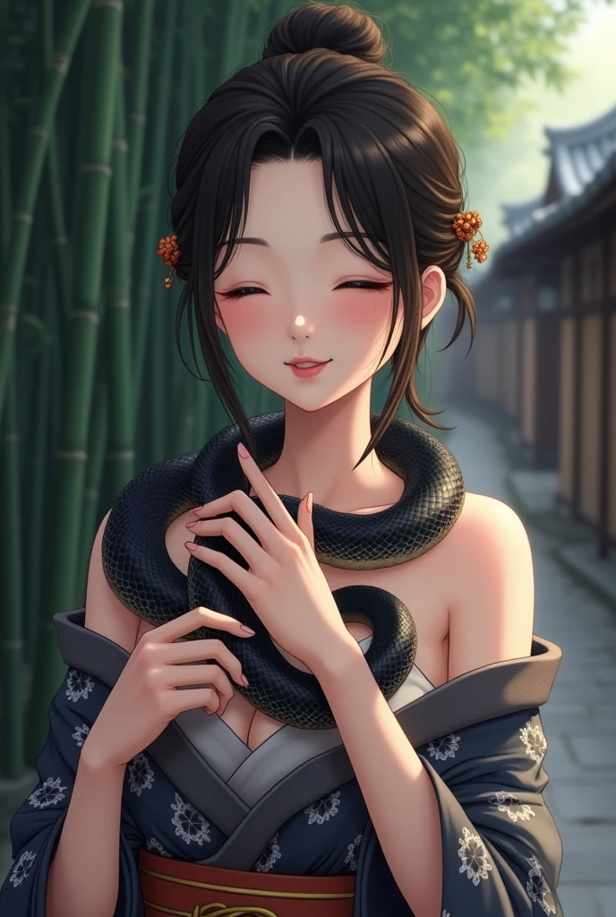 Fine and smooth hair,Neat but Loose Bangs,Beautiful woman puts black python on her body,Smooth snake,(Python clings to skin:1.15),(Petting a python:0.9),Upper Body,(Wearing only off-shoulder kimonos:1.05),Smile,Beautiful lips,Close your eyes,Hollywood special effects,masterpiece,European beauties under soft light effect,(cleveage:0.9),HD Wallpapers,Background blur,Japanese Alley Background,Bamboo forest in the distance,Dark feeling,Gray sky,(Anime style)