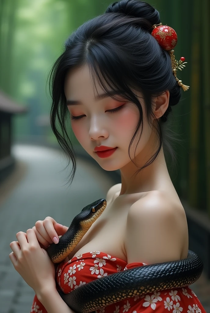 Fine and smooth hair，Neat but Loose Bangs，Beautiful woman puts black python on her body，Smooth snake，(Python clings to skin:1.15)，(Petting a python:0.9)，Upper Body，(Wearing only off-shoulder kimonos:1.05)，Smile，Beautiful lips，Close your eyes，Hollywood special effects，masterpiece，European beauties under soft light effect，(cleveage:0.9)，HD Wallpapers，Background blur，Japanese Alley Background，Bamboo forest in the distance，Dark feeling，Gray sky，（Anime style）