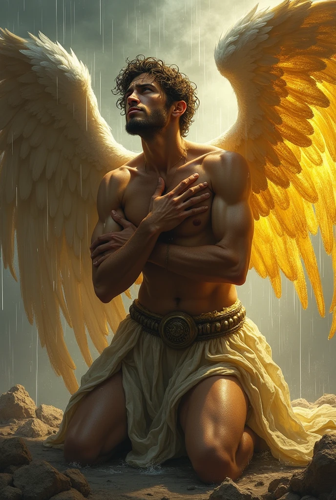 Tired Male Angel soldier crying shining golden tears sobbing hardwith a hand on his broken heart that shows throw his body, he has one wing on the left that shines bright gold but the wing on the left is torn and broken and the light is dim, he is sad and on his knees in a storm 