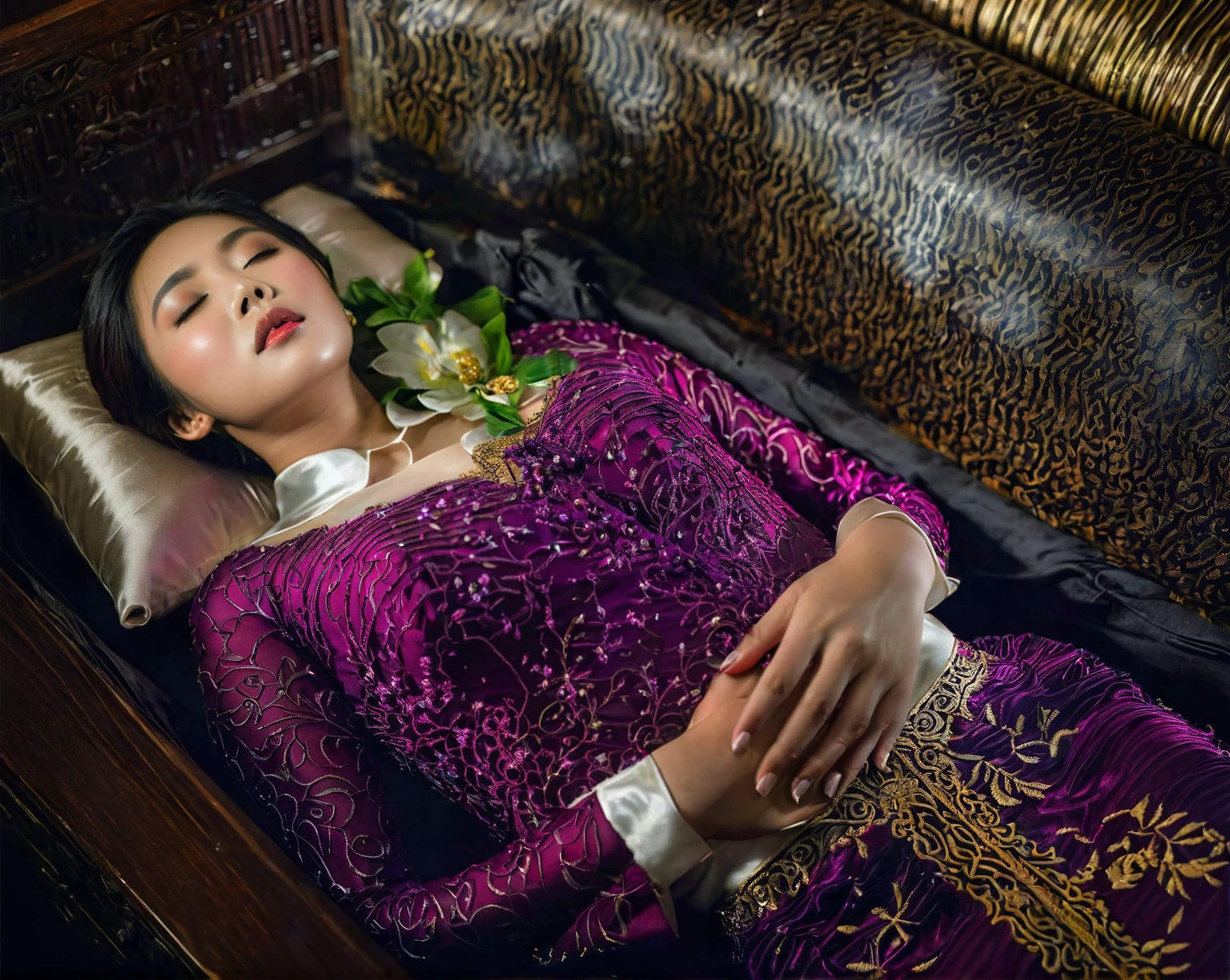 In a striking 8K HDR scene, a stunning Korean woman, 22 years old, lies peacefully in a black coffin surrounded by plush pillows. The deep box is set against a rich black background, accentuating the beauty of the subject. Her exquisite deep-V neckline kebaya attire is embroidered with superb detail, showcasing her round and firm breasts, perfect cleavage, and beautiful eyebrows. Her closed eyes and mouth give an air of serenity, while her visible and absolute cleavage leave nothing to imagination. The scene is bathed in saturated colors, highlighting every intricate aspect from the ball skirt to her clean face, straight body, detailed hand perfect hands, straight body, straight arms.