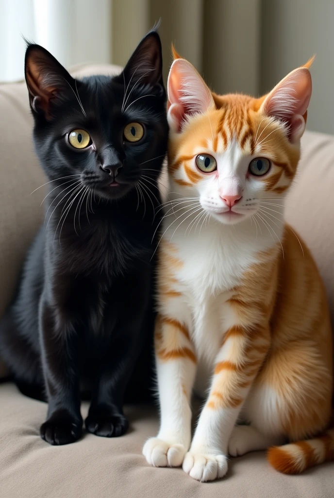 Those are 4 csrs, one is all black, other is all ororange, two are mixed color, such as white black and yellow and one of these two is an angel cat. With one black dog