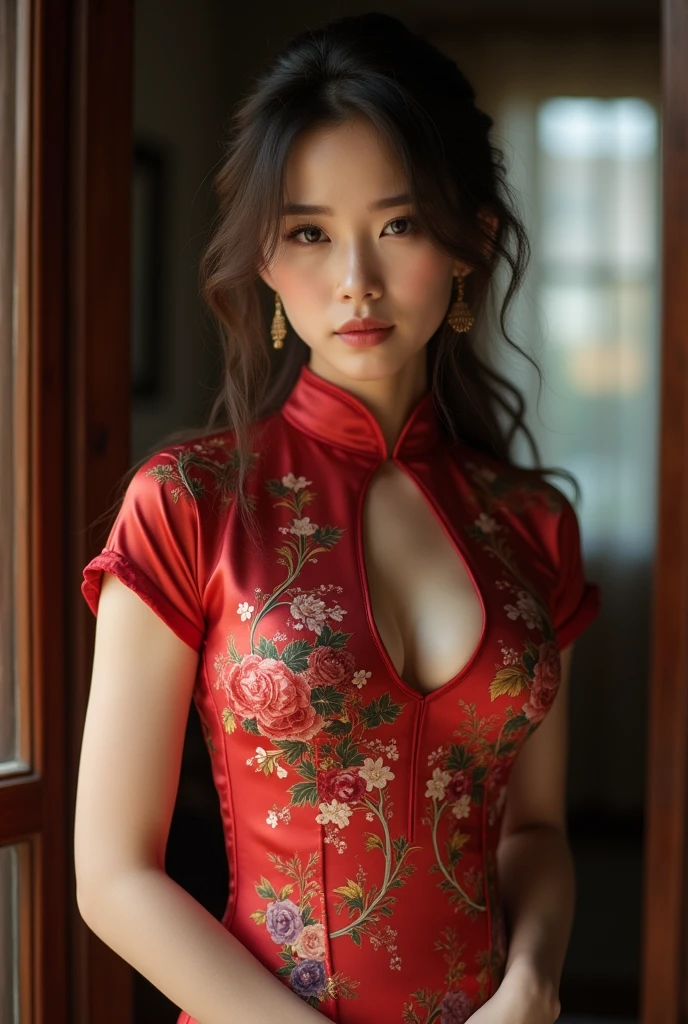 beautiful mature woman of 35 years old , looking directly at the camera, very realistic, at home, tight silk cheongsam, clothes tight against body, clothes too tight, film grain, fit muscular body, clothes too tight, seductive, , seductive, sexy, large breasts, short sleeves, elaborate clothing