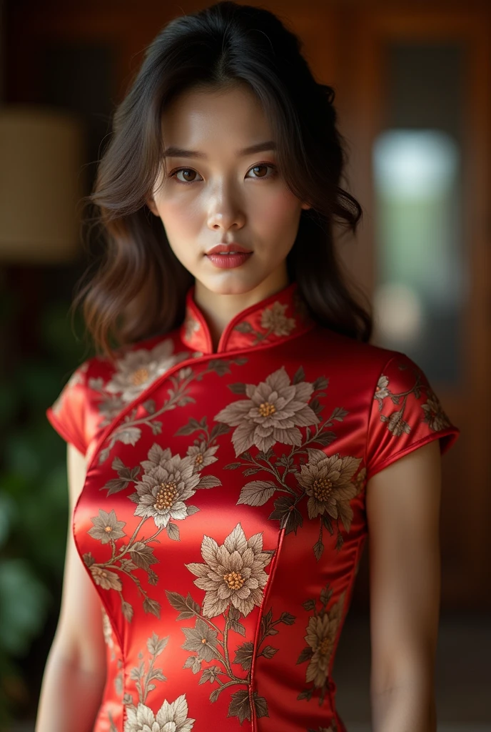 beautiful woman  ,  looking directly at the camera, very realistic,  at home, tight silk  cheongsam, clothes tight against body, clothes too tight, film grain, fit muscular body, clothes too tight, seductive, ,  seductive, sexy, large breasts, short sleeves, elaborate clothing