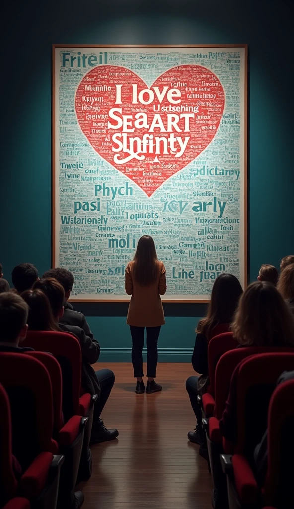 masterpiece, Highest image quality, photo realistic, Raw photo, full body photo, (girl look at the viewer), (in the theater, girl explain the big Typography poster to people, girl stand in front of the typography poster, many people look at the girl, many word and design on typography poster, typography poster with text "I Love Seaart Infinity")