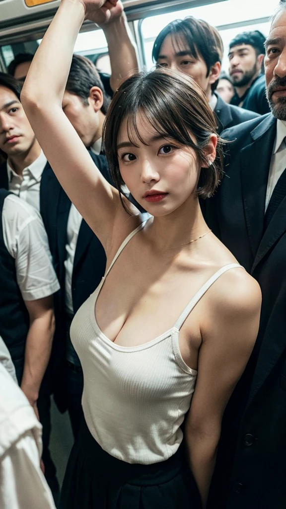 (Best Quality, 8k, 32k, Masterpiece, UHD: 1.2), Depth of Field: 1.2, Black Smoke: 1.1, Cute Japan Woman Pictures, Small Women, 20 Years Old, Beautiful and Perfect Face, Short Hair, Ponytail, Brown Short Hair, Beauty Face, Slender: 1.2, Small Breasts: 1.2, Complex Details, Cinematic Feeling,Shy, Panic face, mouth open and pleasant-looking face, cowboy shot, composition with no face visible except for women, looking at breasts, embarrassed: 1.2, crowded train: 1.37, crowded: 1.37, emphasis on the armpits, long dress, thin fabric, thong, mekosuji, crotch open, pubic hair is very much protruding, clothes with exposed breasts, exposed breasts from the side, exposed armpits, exposed navel, (molested, surrounded by tall men on a crowded train, body in close contact with men, hands put in the lower half of the body by men, undressed by men, covered lift, skirt lift: 1.1), (beautiful nipple slip: 0.9)