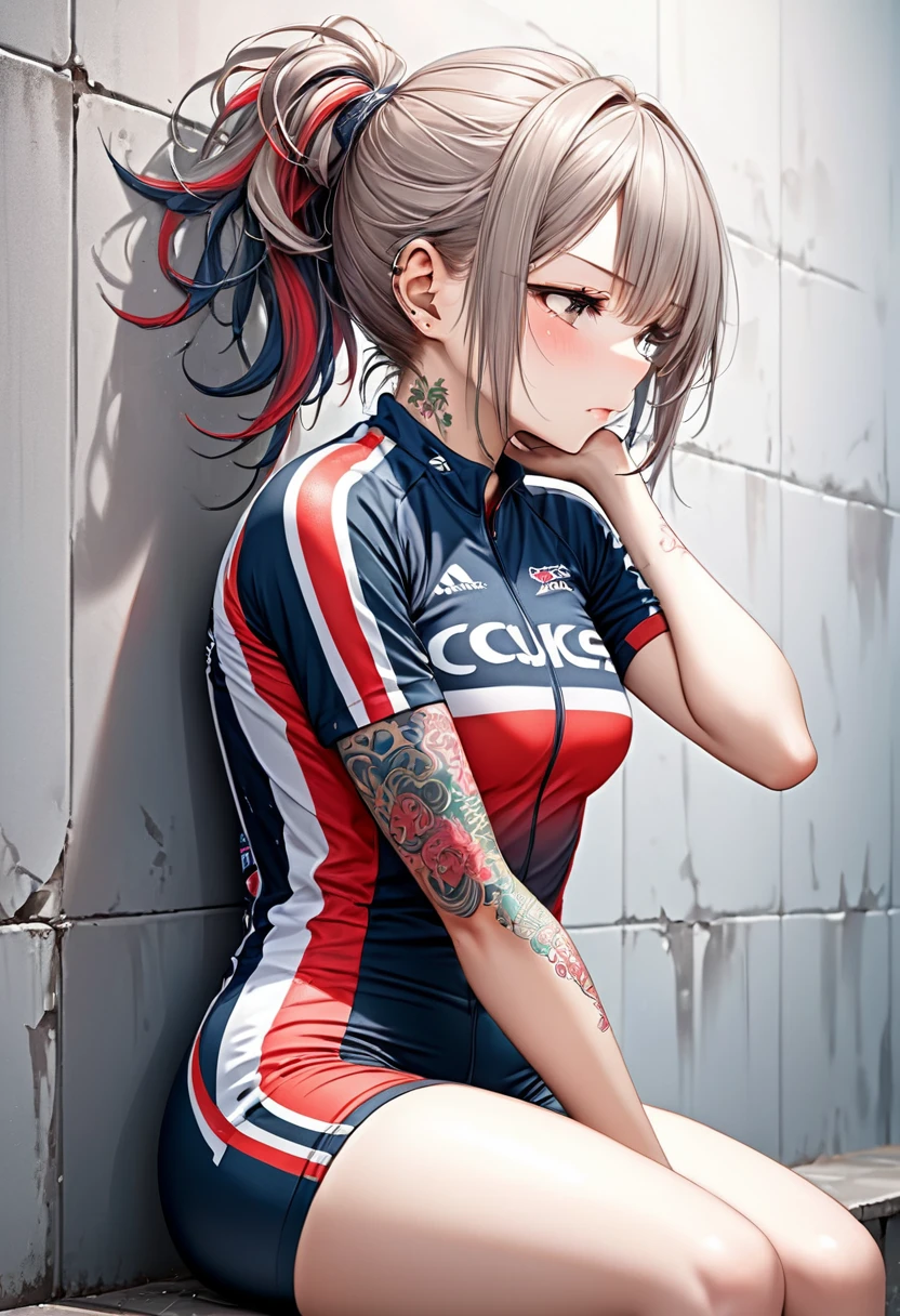 beautiful woman, amorous and lewd face, half-up messy hair, make-up, wearing a white tight fit track cycling jersey, superlative body proportion, covered in tattoos, exhausted and worn out, sitting with her back against the wall, shading effects, gradation magic effects, foggy filter effects, glitter effects, (ultra detailed, absolutely resolution, best quality:1.3), 2.5D, delicate and dynamic, artistic photography, hyper realistic, graphic CG digital anime-style art
