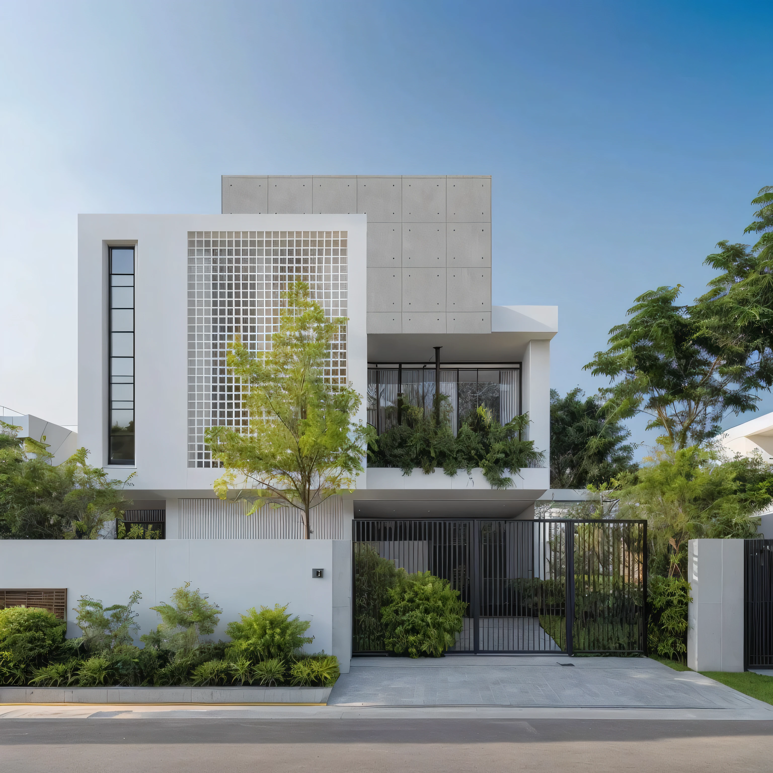 A modern two-story house with a minimalist and clean design. The front facade features large, geometric patterns with a lattice-like structure that provides privacy while allowing light to filter through. The house is surrounded by lush greenery, including trees and shrubs that enhance the natural ambiance. The exterior is predominantly white with subtle use of grey tones, creating a sleek and sophisticated appearance. A black metal gate and fence secure the entrance, and there are large windows and balconies that seamlessly integrate indoor and outdoor spaces. The design emphasizes simplicity, openness, and a connection with nature, with the use of vertical gardens and planters to soften the modern lines.