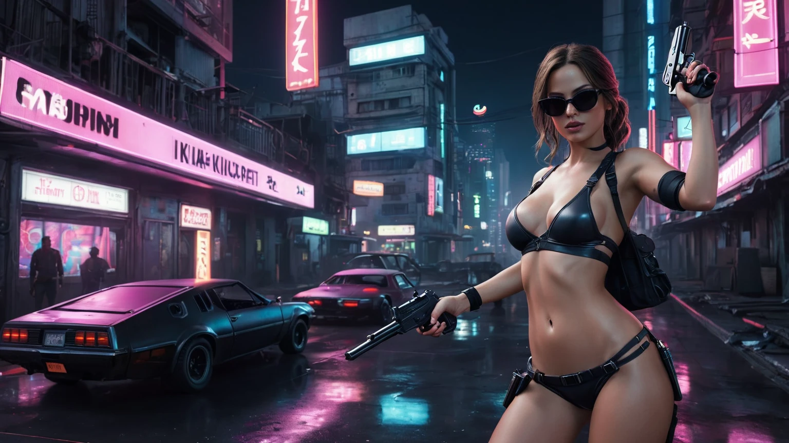 (aerial view), Blade Runner style futuristic railway platform, hi-tech train, neon lights, rainy night. (((1girl, solo, alone))), large-breast C-cup slim:0.9 body, cleavage:1.1, sexy miniskirt, (black sunglasses), ((holding a mini:1.2 pistol)), dynamic pose, half-body thigh level medium shot, cinematic lighting, ray tracing.
