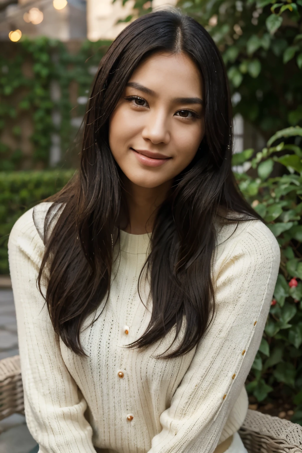 masterpiece, ultra-realistic, 35 years old, 8k, hd, beautiful girl, oriental,  black hair, very long hair, straight hair, smile , girl, detailed face, beautiful woman's face, red sweater, plumpy, outdoor garden background, looking to viewer, 85mm lens, cinematic light