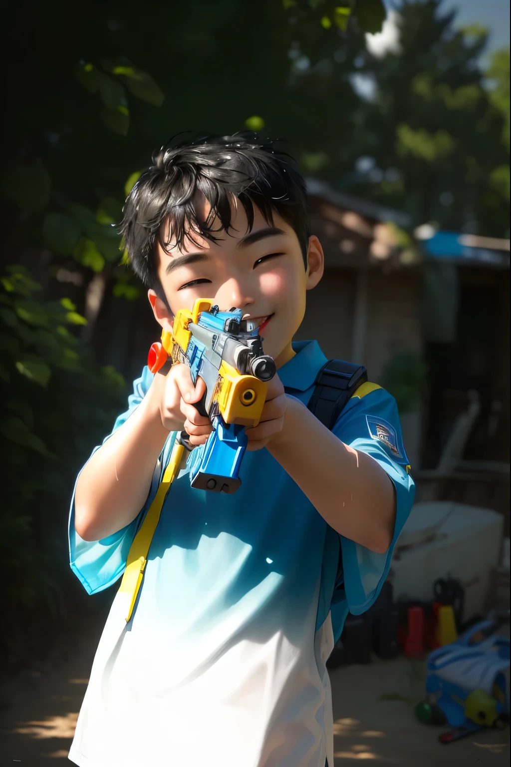 masterpiece, High quality best quality,1 Boy, blue_Sky,Smile, White teeth,Solitary, sun, sunbeam, sun光, Tree, motionless_p在ternBoys holding a water gun in his hand and smiling, Children, Playing in the water, Holding a ray gun, realistic shooting, shooting, beginner, 最cute的, Next to it is a toy ray gun, focused shooting, real shooting, adventure, Boys, Shot with Canon EOS 5D Mark IV, Holding a blaster, Holding a ray gun,Delicate texture,detail,cute,Fair skin,red lips black hair