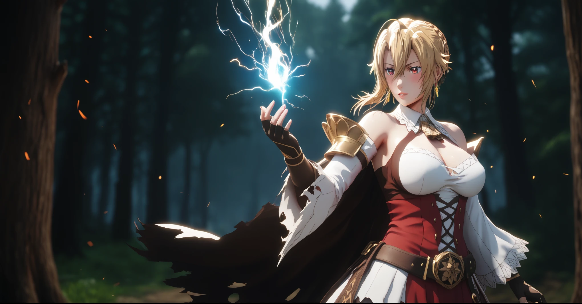 (hews art style:0.7), (hero neisan art style:0.7), score_9, score_8_up, score_7_up, score_6_up, uncensored, angelica, blonde hair, braid, red eyes, BREAK glow effects, godrays, Hand drawn, render, 8k, octane render, cinema 4d, blender, dark, atmospheric 4k ultra detailed, cinematic, Sharp focus, big depth of field, Masterpiece, colors, 4k, concept art, trending on artstation, Vivid colors, extremely detailed CG unity 8k wallpaper, trending on CGSociety, Intricate, High Detail, dramatic, BREAK large breasts, breasts, epic art, fantasy, 1girl, gloves, bare_shoulders, magic, fingerless_gloves, dress, fire, earrings, wide_sleeves, forest, torn clothes, aura, electricity, magic-realism,