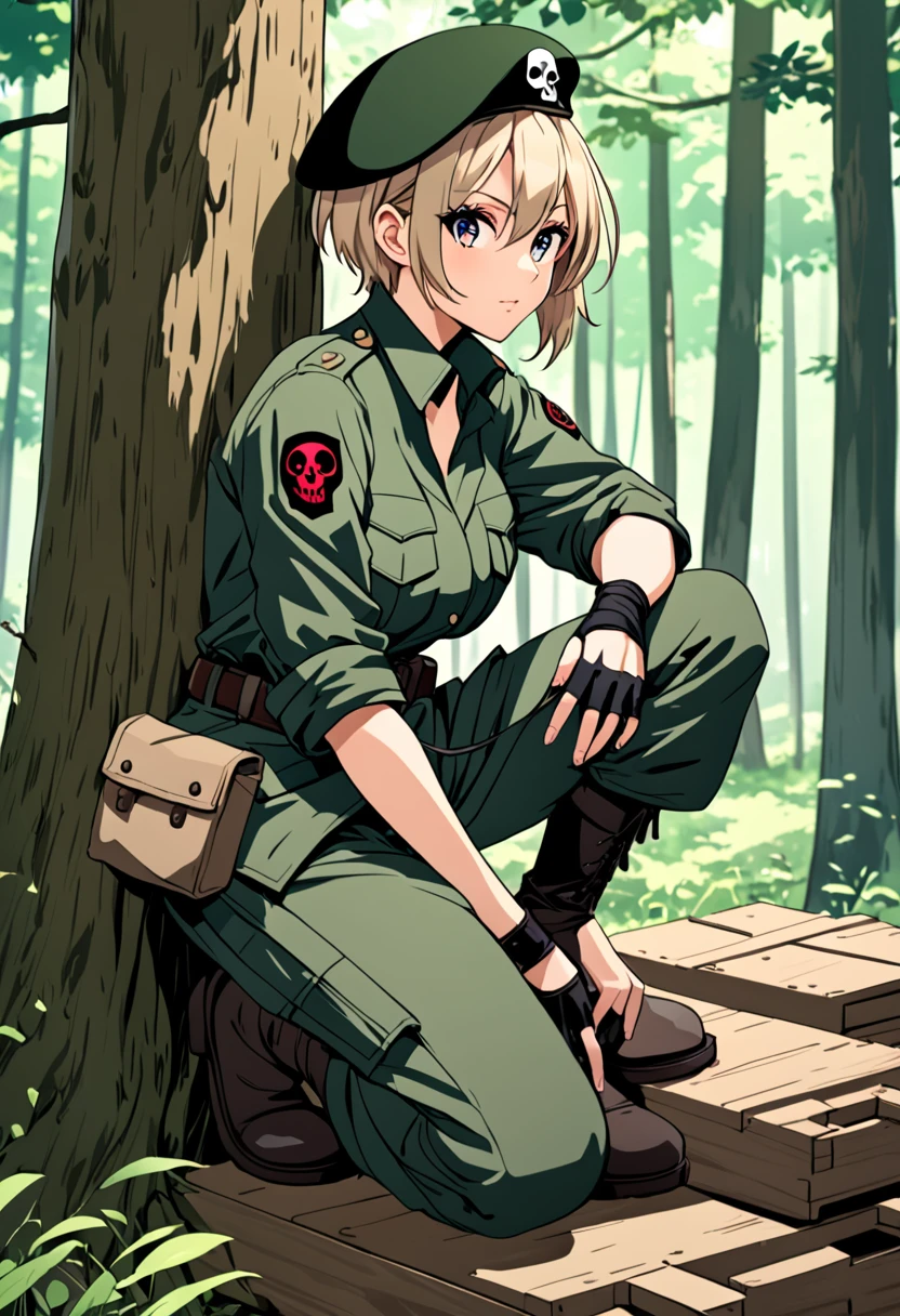 anime style, highest quality, woman about 30 years old, Short tousled hair, in a military jacket with a skull patch on his arm, in military pants, in combat boots, wearing fingerless gloves, In Unloading, belt with pouches, in a beret, sits on one knee by a tree in the forest