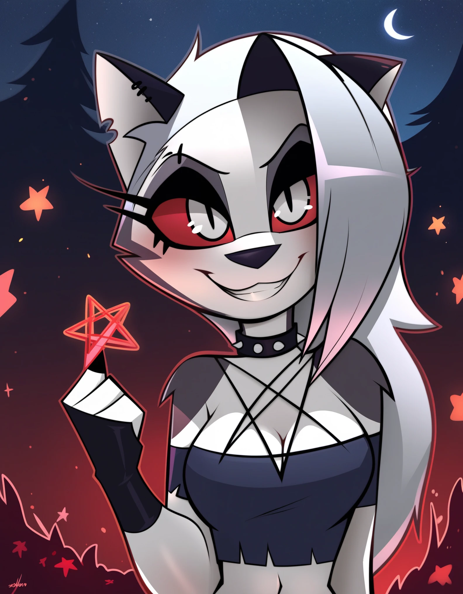 score_9_up, score_8_up, score_7_up,  rating_safe, furry, anthro, solo, loona(jizokumode), hellhound, red sclera, loona (helluva boss), tanktop, fingerless gloves, excited, blep, forest, night, stars, crescent moon, solo, forced smile, 4 fingers, inverted pentagram,