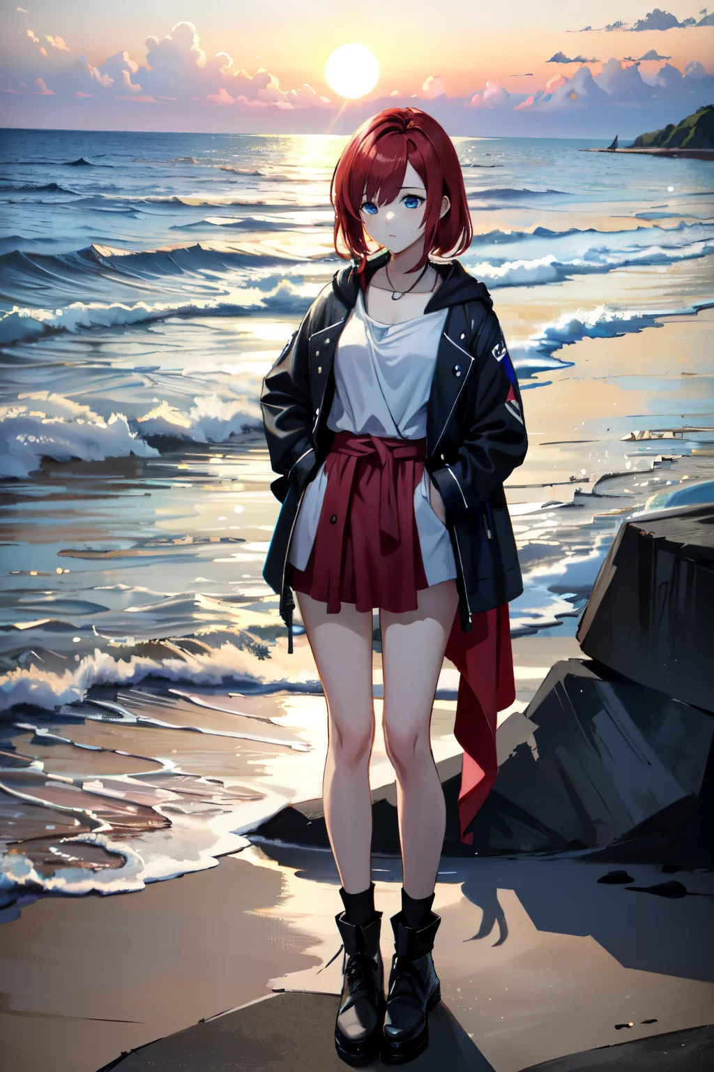 ((ultra detailed, masterpiece, absurdres))
 KHKairi, 1girl, solo, red hair, blue eyes, Standing on a cliff by the sea, the sunset in the background, full body, with hands on hips