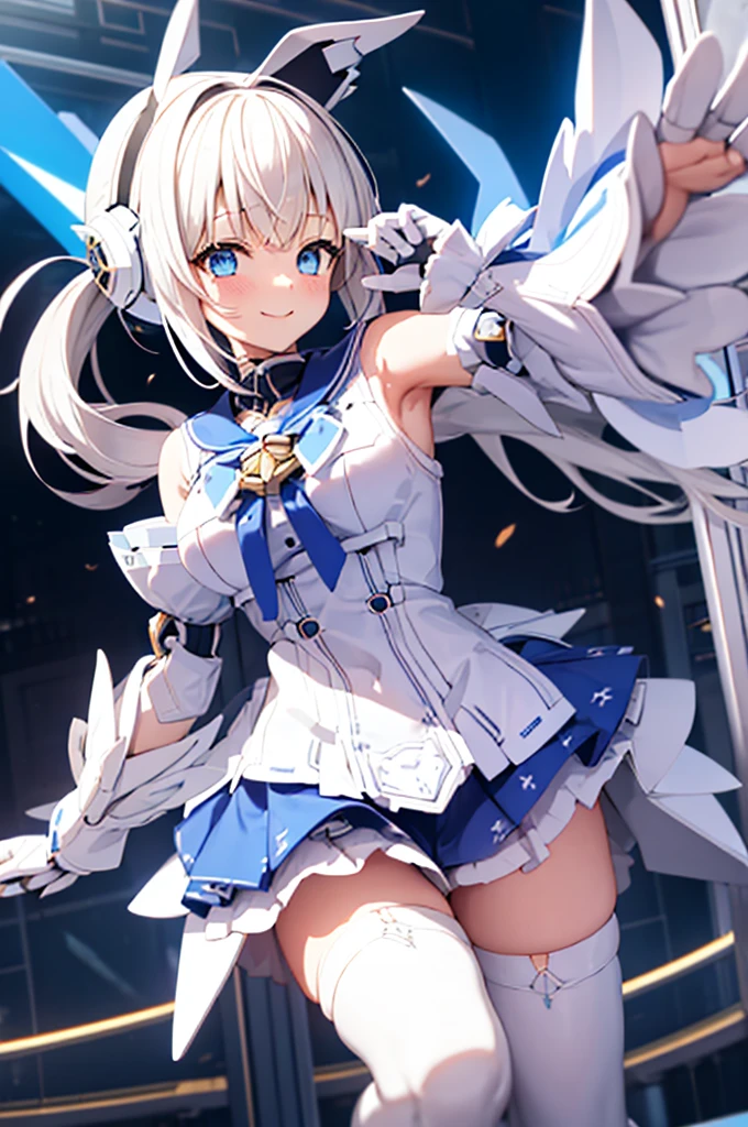 Mecha Wings、White and blue skirt、Accentuated thighs、White tights、chest、Beautiful golden hair、1 girl、solo girl、Thick thighs、is、Frame Arms Girl、Alice Gere Aegis、White Armor、Blue and purple lines、income、headphone、hand on own chest、smile