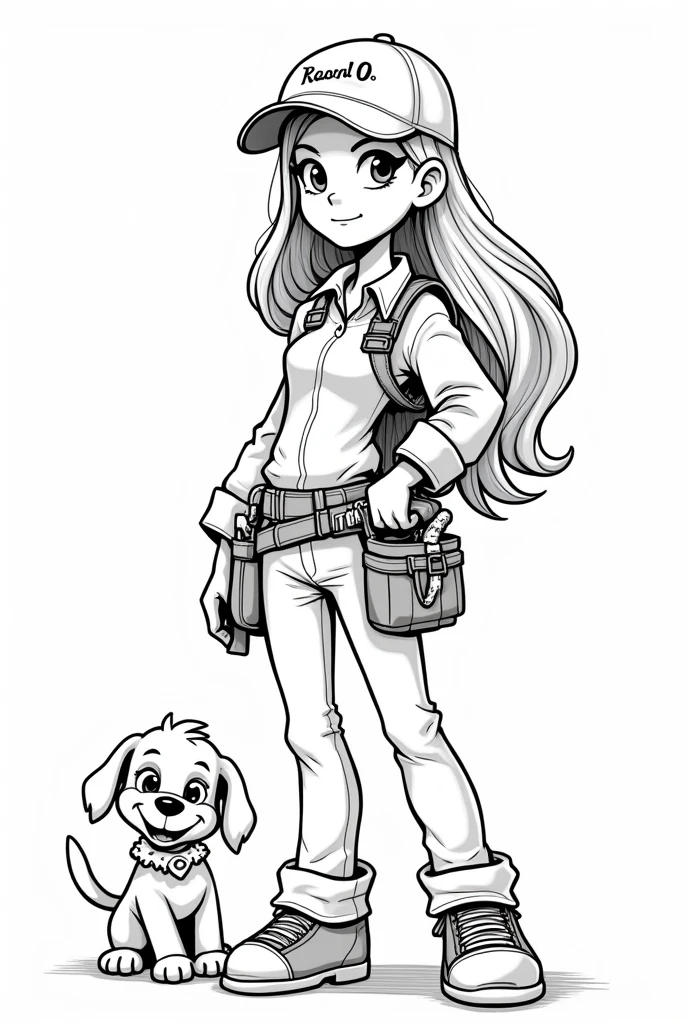 best quality, highres, masterpiece:1.2, ultra-detailed, cartoon :1.37. , white background, monochromatic, line drawing, sketch., ensuring the lines are clear and well-defined for easy coloring.  long hair wearing a tool belt ready to work with puppy