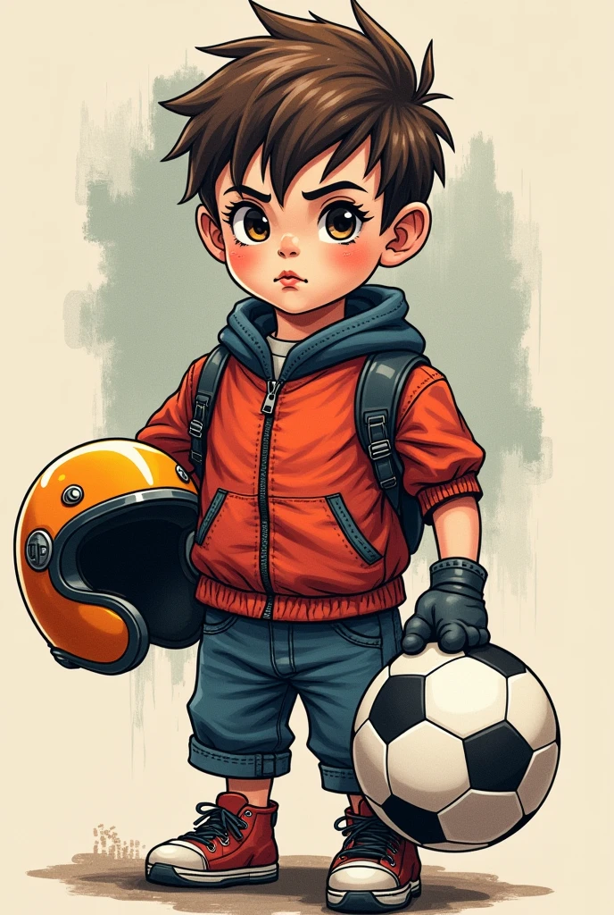 Tattoo of a boy with a motorcycle helmet in his hand and a soccer ball in the other hand