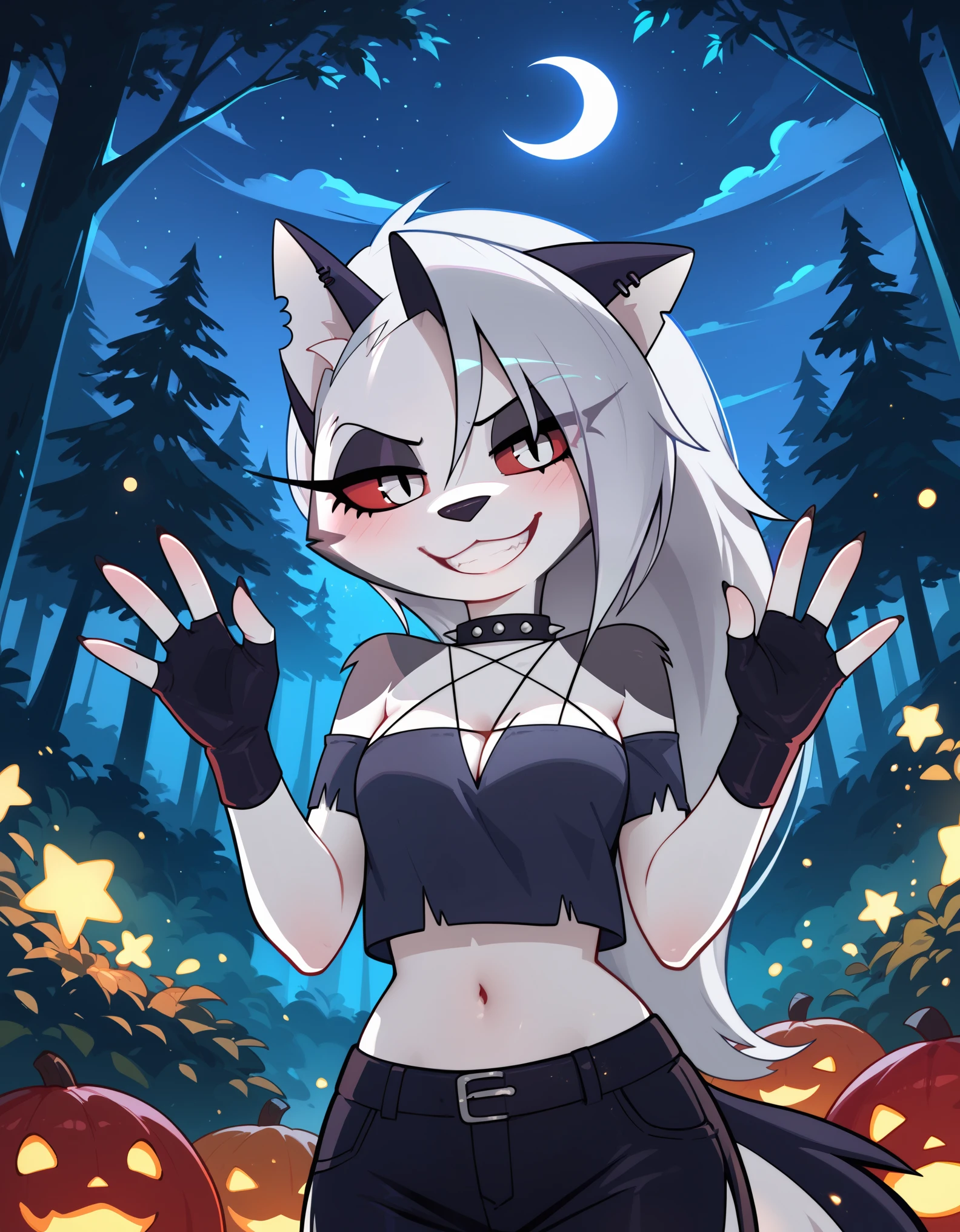 score_9_up, score_8_up, score_7_up,  rating_safe, furry, anthro, solo, loona(jizokumode), hellhound, red sclera, loona (helluva boss), tanktop, fingerless gloves, excited, blep, forest, night, stars, crescent moon, solo, forced smile, 4 fingers, inverted pentagram,