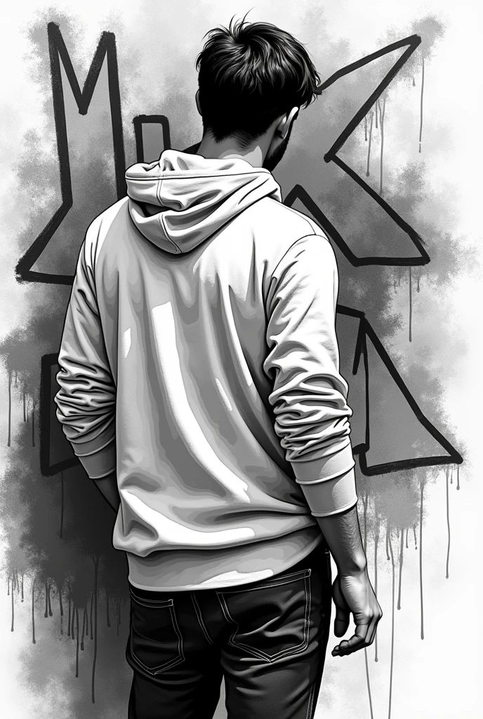 Make me an urban illustration in black and white in which you can see a young man from behind graffiti


