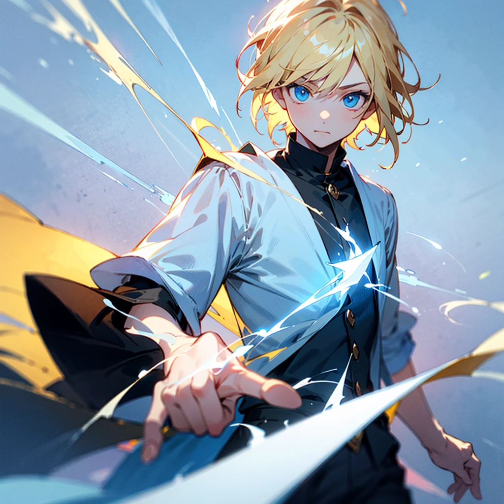 a boy in black magical school clothes, blond, with blue eyes, that uses light magic