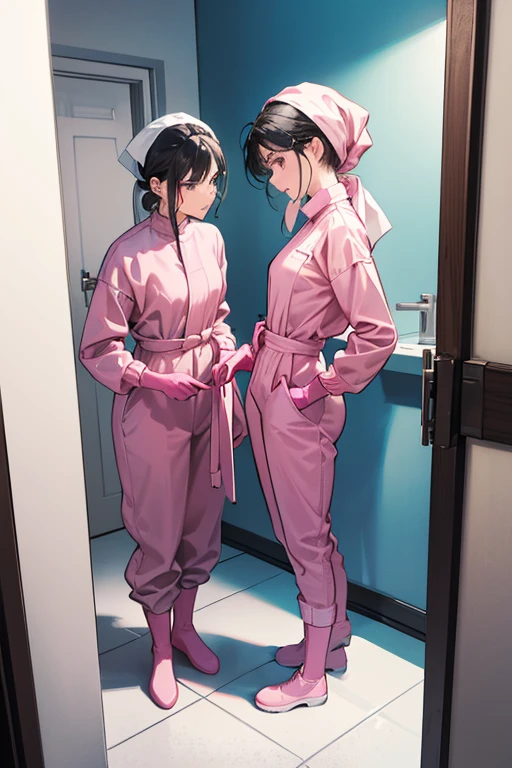 In the bathroom, two mature women with black hair tied up, wearing large pink rubber gloves, white cloth wrapped around their heads, blue long-sleeved jumpsuits, white rubber boots, and holding submachine guns