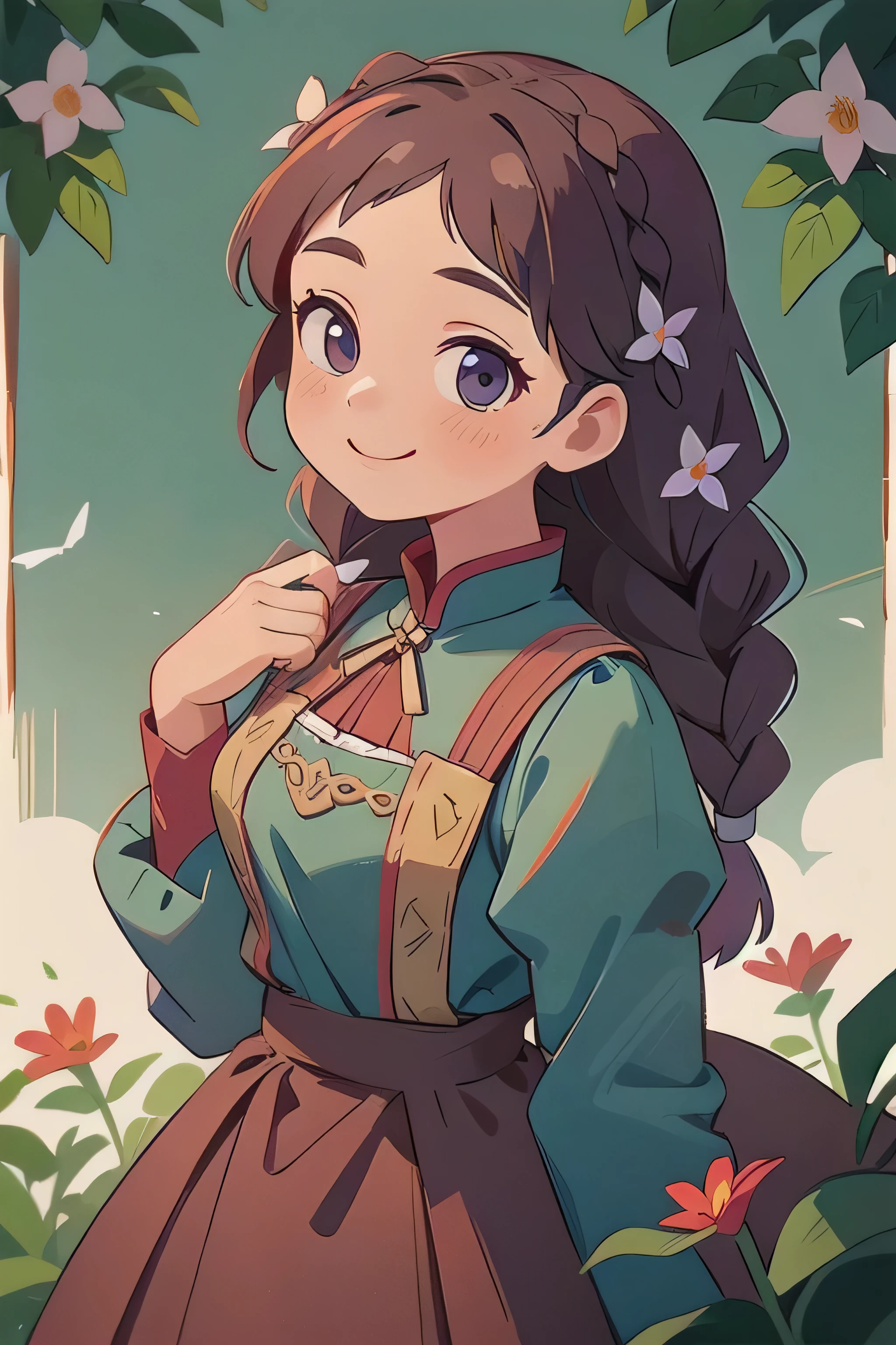 a girl with braids, medieval dress with flowers, hand on the chest and second hand on the back, looking at the viewer, front view, smiling