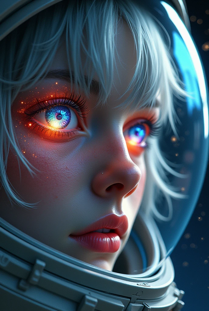 (Close-up of a better masterpiece:1.5)0.9], (Space and astronauts:1.2) (Messy silver hair:1.1) (Heterochromia xanthochromia and blue eyes:1.2) (Space Helmet:1.0) (Colored stars in the eyes:1.0) (A radiant glow:1.1) (thick lips:5.9)