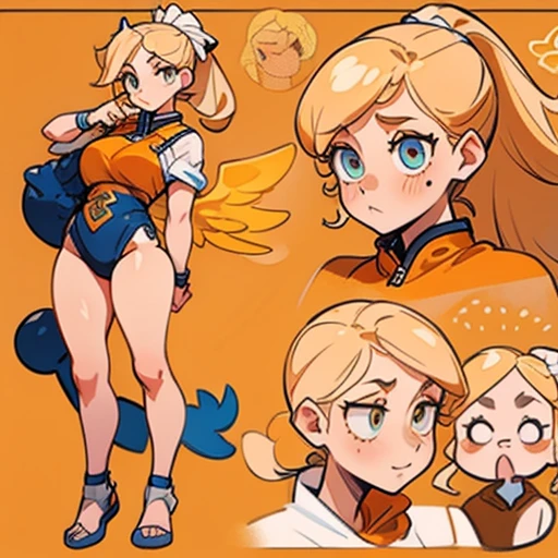 A girl with an oval face with large, expressive amber eyes. She wears subtle makeup to highlight her natural beauty.

Long, golden blonde hair, worn in a high ponytail or loose with waves. Adorned with headbands

Body with a curvy and attractive figure. Golden-toned skin

Dressed in orange and blue erotic  bikini  and with fairy wings 

(((character sheet))) ((various views)) ((front and back) (Face detail) (full body)