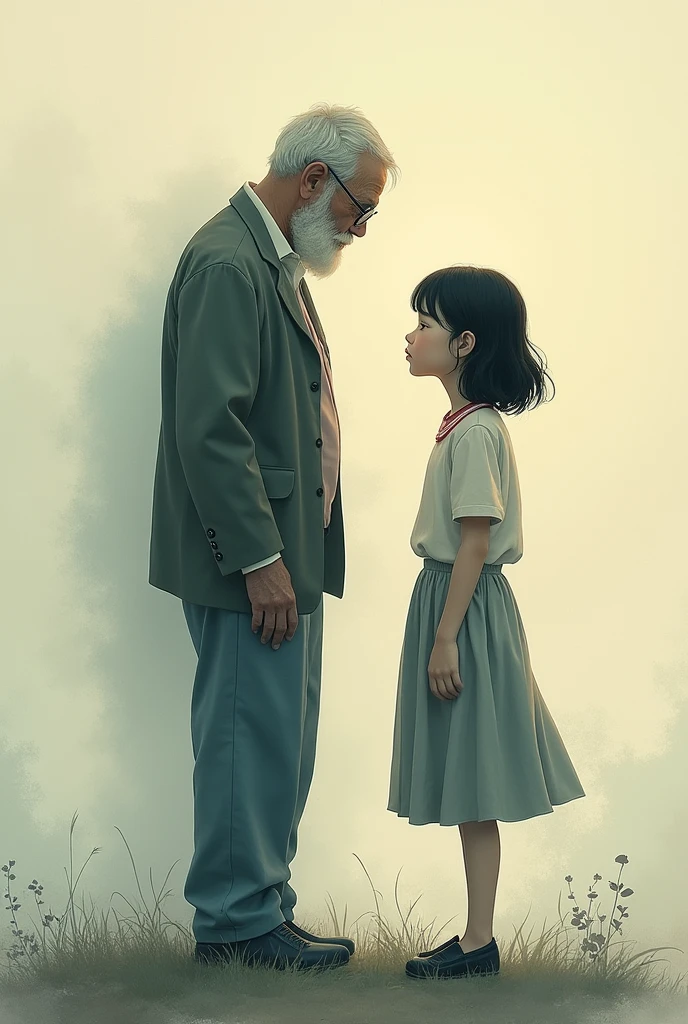 A girl of about 16 years old saying goodbye to her grandfather who is disappearing . drawing 
