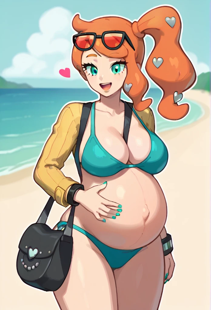 score_9, score_7_up BREAK solo,EPpkSonia,orange hair, side ponytail, aqua eyes, long hair, eyewear on head, sunglasses, heart hair ornament,ribbed shirt, aqua bikini, pregnant, pregnant belly, strap between breasts, cleavage, bracelet, collarbone, blue panties, shoulder bag, long sleeves, nail polish, aqua,happy, beach, background