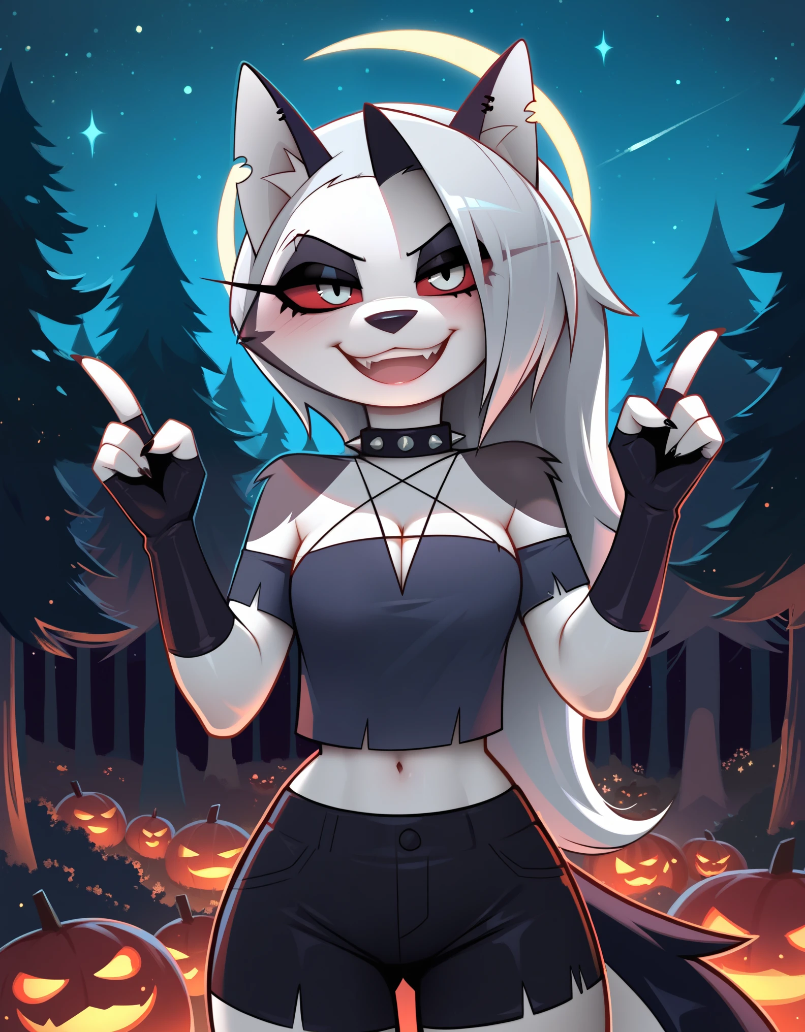 score_9_up, score_8_up, score_7_up,  rating_safe, furry, anthro, solo, loona(jizokumode), hellhound, red sclera, loona (helluva boss), tanktop, fingerless gloves, excited, blep, forest, night, stars, crescent moon, solo, forced smile, 4 fingers, inverted pentagram,