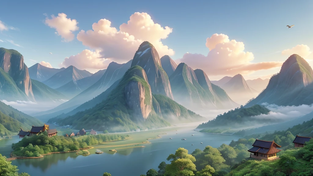 The image you just described is a traditional East Asian landscape painting. It has misty mountains with sharp peaks, some partially obscured by clouds or fog. A waterfall cascades down one of the mountains. In the foreground, there are two small boats in what appears to be calm waters. Birds are flying across the scene, suggesting dawn or dusk. The painting's use of soft colors and blurred lines give it a feeling of tranquility and elegance. Pretty