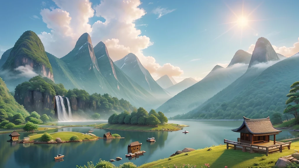 The image you just described is a traditional East Asian landscape painting. It has misty mountains with sharp peaks, some partially obscured by clouds or fog. A waterfall cascades down one of the mountains. In the foreground, there are two small boats in what appears to be calm waters. Birds are flying across the scene, suggesting dawn or dusk. The painting's use of soft colors and blurred lines give it a feeling of tranquility and elegance. Pretty