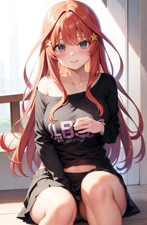 （赤い髪と青い目をしたAnime Girls）, Loose mid-cut T-shirt,((I can see my belly button))、No underwear, ((Shirt showing shoulders)), (Micro Mini Skirt:1.2),魅力的なAnime Girls, Anime Girls con pelo largo, 美しいAnime Girls, かわいいAnime Girls, Anime Girls, かわいいAnime Girls, 最高のAnime Girls, Moe anime art style, Cute girl visual anime, 肖像画のAnime Girls, Anime Girls, 魅惑的なAnime Girls, (Anime Girls), 若いAnime Girls、Yellow star hair ornament