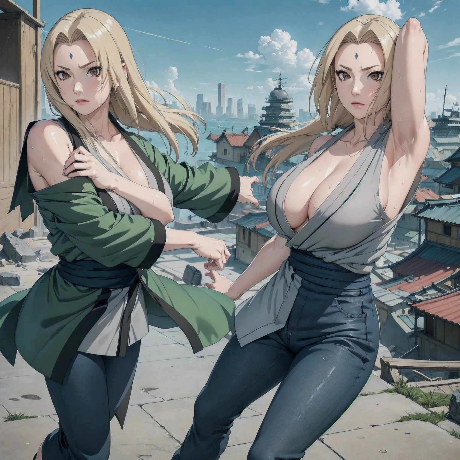 (masterpiece, highest quality:1.2), alone, One Girl, Tsunade Defense, Forehead mark, View your audience、((Battle Scenes、Fighting Pose、Sweat、Rocky area、wood、Clear sky、Ruined City、Spectators、Navy blue pants、Green haori、No sleeve、Torn clothes、Large areola、chest))、Beautiful girl with beautiful details, Professional photography illumination, Highly detailed eyes and face, Beautiful eyes in every detail、Beautiful detailed hair, Beautiful and exquisite cold face、アニメ、((No sleeve、Armpit))