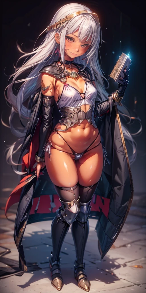 Masterpiece, (flat black background:1.2) solo, detailed face, intricate iris, thick lips, robot girl, (gold and white skin), realistic illustration of a (cyborg girl), (RED eyes), IvoryGoldAI, (freckles),(holding BREATHTAKING:1.2), (gold and white armor:1.2), (looking at viewer:1.2), parted lips, standing straight symmetrical, looking at viewer, lustful smirking smile face red blushed red cheeks, thick thighs, thigh highs, thigh, boots, armor, armored boots, full body armor, bikini armor, big breastplate, pauldron, bracers, leather black choker, tiger claws gloves, short bob white haircut, helmeted, metal shoulders, red long loincloth, longest blue cape reach to the waist, shackles and chains wristbands