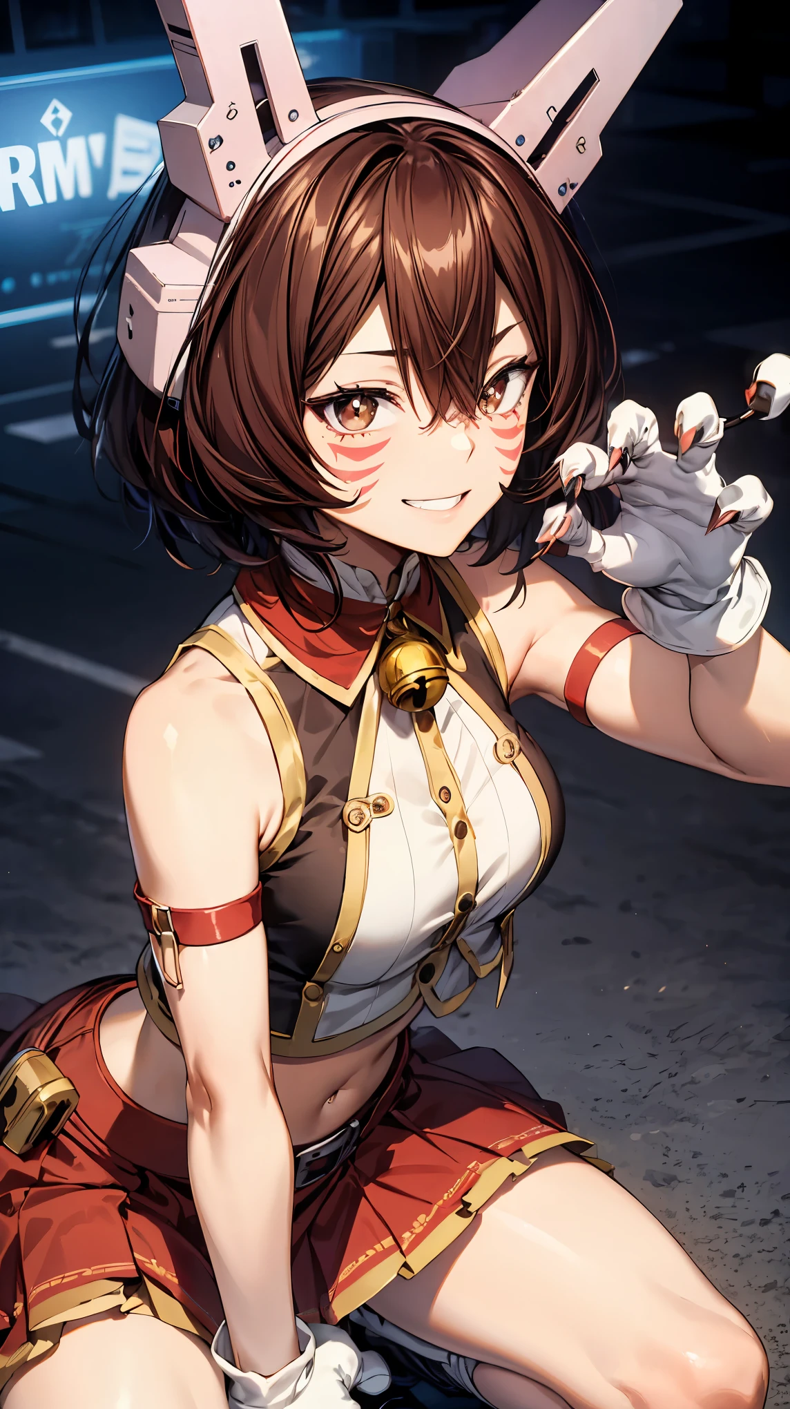 cowboy shot,shinososaki, shino sosaki, short hair, brown hair, animal ears, hair between eyes, (brown eyes), headgear, facial mark, facepaint, smile,gloves, navel, sleeveless, midriff, bell, red skirt, neck bell,((animal hands)),((claw pose)),(squatting,kneeling),masterpiece,Noise Reduction,perfect anatomy,high resolution, ultra-detailed, ultra-detailed face,game cg,dutch angle ,beautiful detailed eyes,visualart,five fingers, perfect hands, perfect lighting, sparkling pupils,