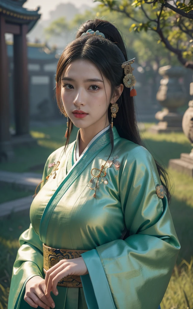 Game Art，Best picture quality，Maximum resolution，8K，(A bust photo)，(portrait)，(Head close-up)，(Rule of Thirds)，Unreal Engine 5 rendering works， (Future Girl)，(Female Warrior)， 
20 year old girl，(Ancient Chinese general)，Eyes full of details，(Large Breasts)，Elegance and nobility，indifferent，brave，
(Wearing ancient Chinese clothing，Chinese Hanfu，Tang dynasty costumes，The costumes are rich in detail，Complex ornaments，Rich tones)，Chinese characters，Fantasy style，
Photo poses，Wild background，Ancient building background，Movie Lighting，Ray Tracing，Game CG，((3D Unreal Engine))，OC rendering reflection mode