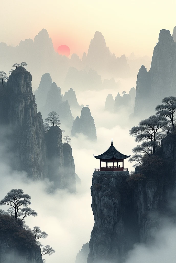 Chinese martial arts styles, The sky is vast, Mountains and cliffs, ink wash style, outline light, atmosphere, Depth of Field, The fog rises, bamboo, pine, stone pavilions, Fall,ink